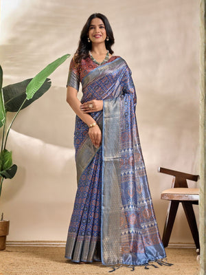 Rajwada Steel Blue Cotton Blend Printed Saree For Women