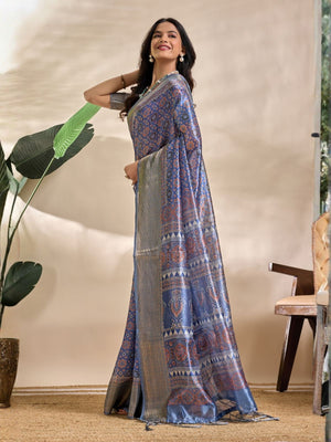 Rajwada Steel Blue Cotton Blend Printed Saree For Women