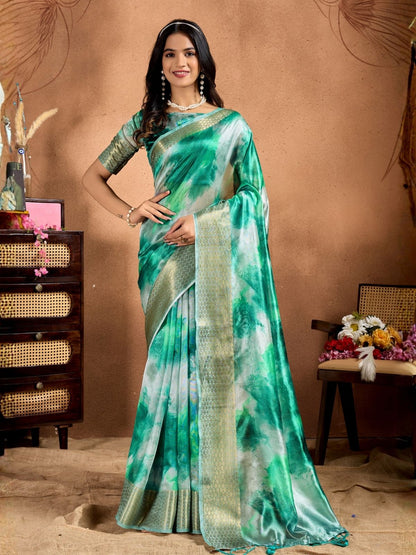 Rajwada Sea Green Cotton Blend Printed Saree For Women