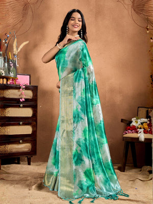 Rajwada Sea Green Cotton Blend Printed Saree For Women