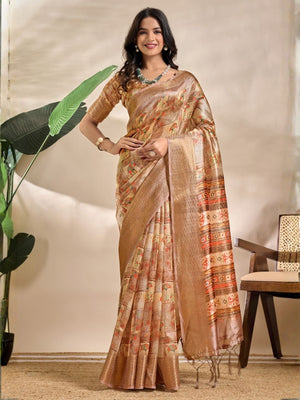 Rajwada Beige  Cotton Blend Printed Saree For Women