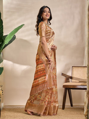 Rajwada Beige  Cotton Blend Printed Saree For Women