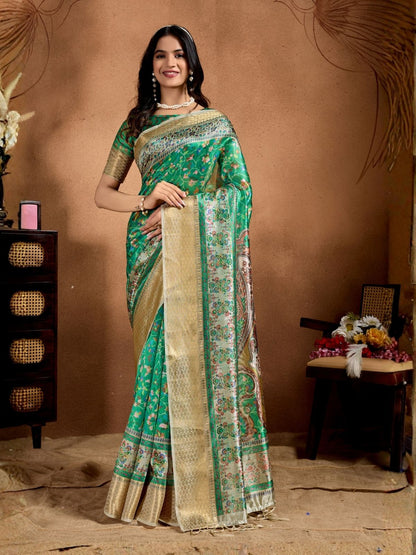 Rajwada Green Cotton Blend Printed Saree For Women