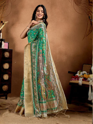 Rajwada Green Cotton Blend Printed Saree For Women