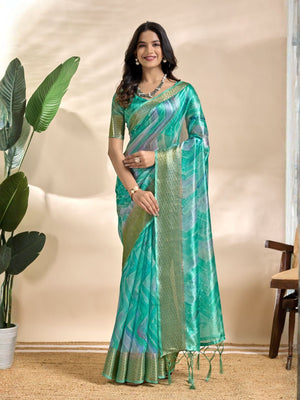 Rajwada Aqua Green Cotton Blend Printed Saree For Women