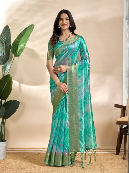 Rajwada Aqua Green Cotton Blend Printed Saree For Women