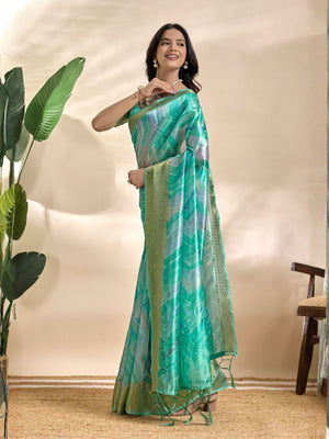 Rajwada Aqua Green Cotton Blend Printed Saree For Women