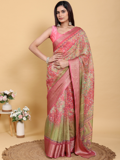 Rajwada Dusty Rose Pink Cotton Printed Saree For Women