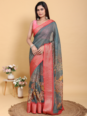 Rajwada Grey Cotton Printed Saree For Women