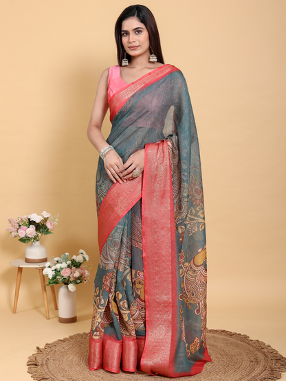 Rajwada Grey Cotton Printed Saree For Women