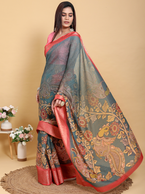 Rajwada Grey Cotton Printed Saree For Women