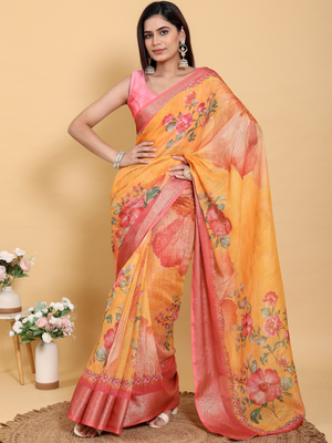 Rajwada Mustard Yellow And Pink Cotton Printed Saree For Women