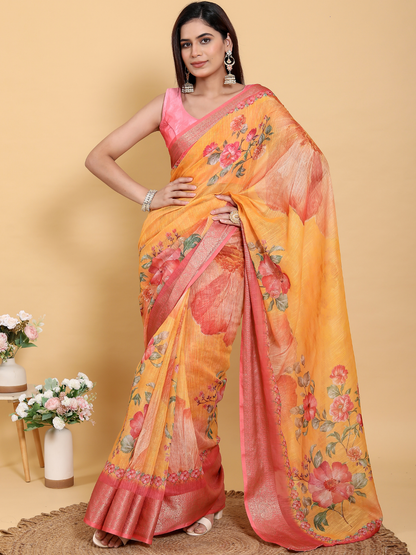 Rajwada Mustard Yellow And Pink Cotton Printed Saree For Women