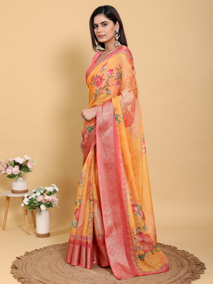 Rajwada Mustard Yellow And Pink Cotton Printed Saree For Women