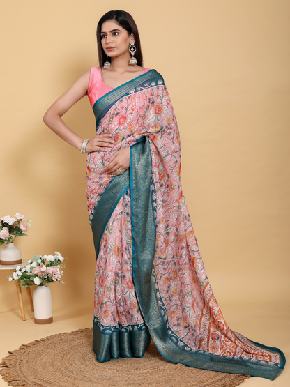 Rajwada Peach And Teal Blue Cotton Printed Saree For Women