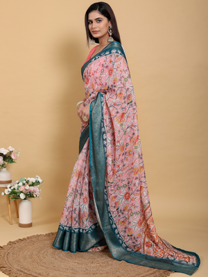 Rajwada Peach And Teal Blue Cotton Printed Saree For Women
