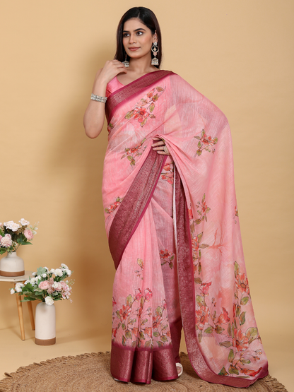 Rajwada Light Pink Cotton Printed Saree For Women