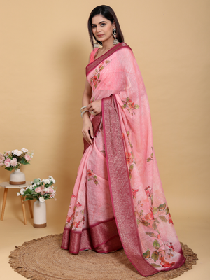 Rajwada Light Pink Cotton Printed Saree For Women
