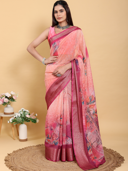 Rajwada Peach Cotton Printed Saree For Women