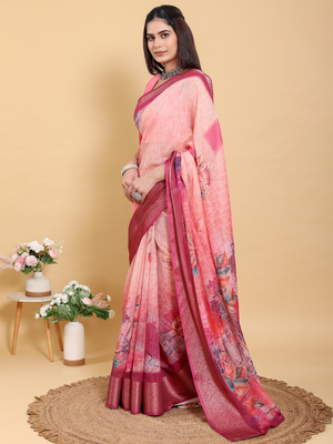 Rajwada Peach Cotton Printed Saree For Women