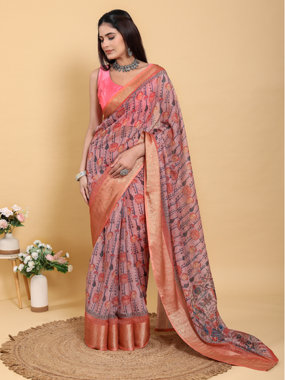 Rajwada Dusty Mauve Cotton Printed Saree For Women