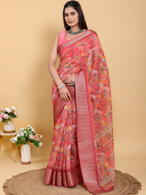 Rajwada Peach Cotton Printed Saree For Women
