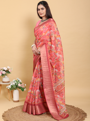 Rajwada Peach Cotton Printed Saree For Women