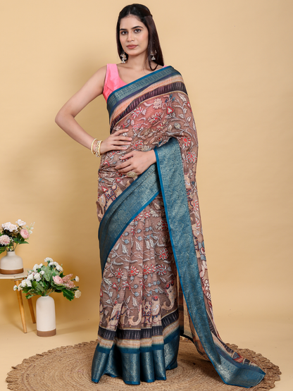Rajwada Brown And Teal Blue Cotton Printed Saree For Women
