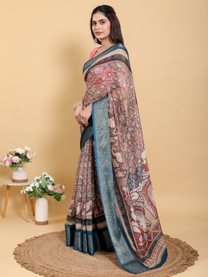 Rajwada Brown And Teal Blue Cotton Printed Saree For Women