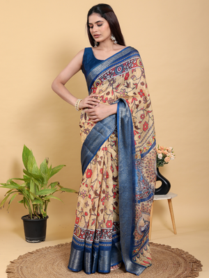 Rajwada Cream And Blue Cotton Printed Saree For Women