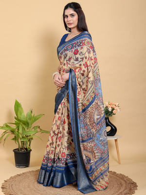 Rajwada Cream And Blue Cotton Printed Saree For Women
