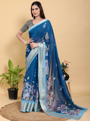 Rajwada Navy Blue Cotton Printed Saree For Women