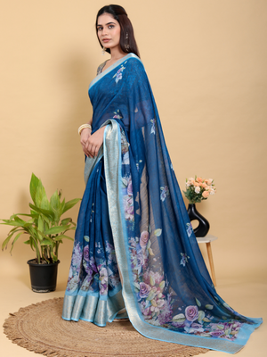 Rajwada Navy Blue Cotton Printed Saree For Women
