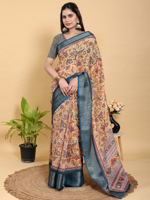 Rajwada Cream And Teal Cotton Printed Saree For Women