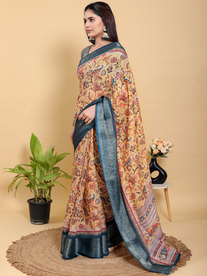 Rajwada Cream And Teal Cotton Printed Saree For Women