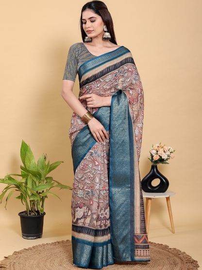 Rajwada Brown And Teal Blue Cotton Printed Saree For Women