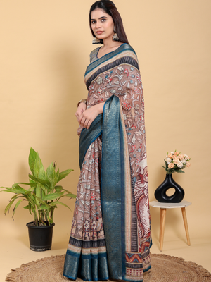 Rajwada Brown And Teal Blue Cotton Printed Saree For Women