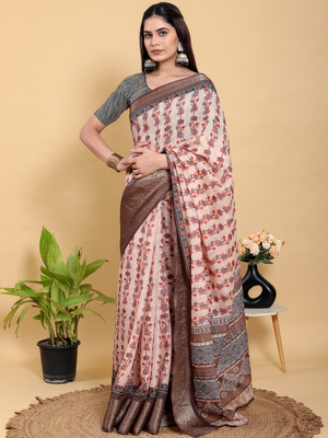 Rajwada Off White Cotton Printed Saree For Women