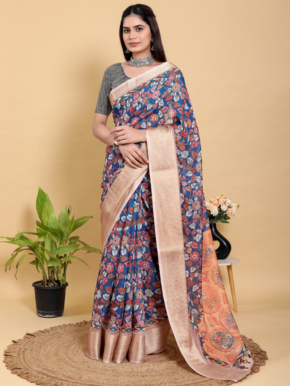 Rajwada Royal Blue Cotton Printed Saree For Women