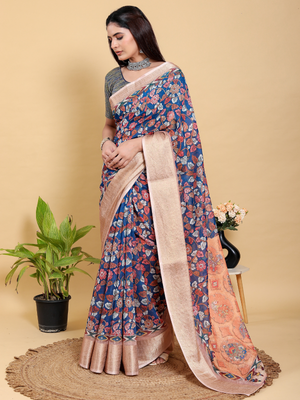 Rajwada Royal Blue Cotton Printed Saree For Women