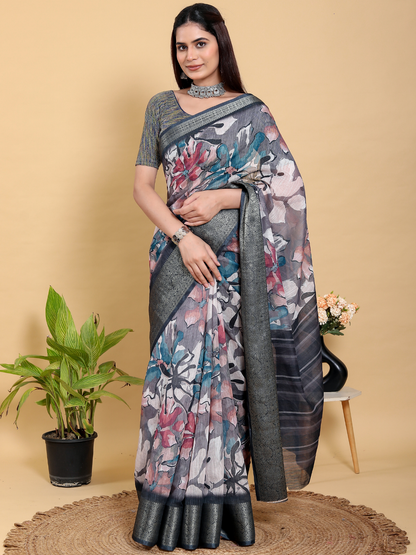 Rajwada Grey Cotton Printed Saree For Women