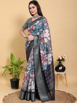 Rajwada Grey Cotton Printed Saree For Women