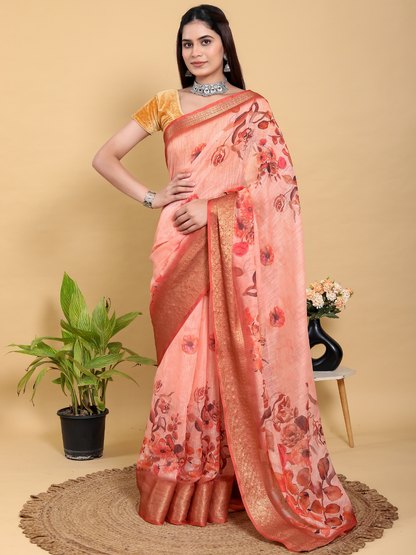 Rajwada Peach Cotton Printed Saree For Women