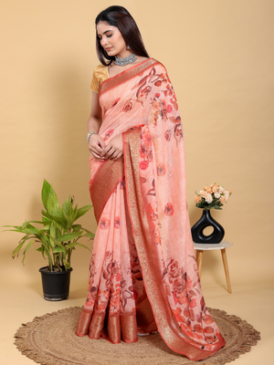 Rajwada Peach Cotton Printed Saree For Women