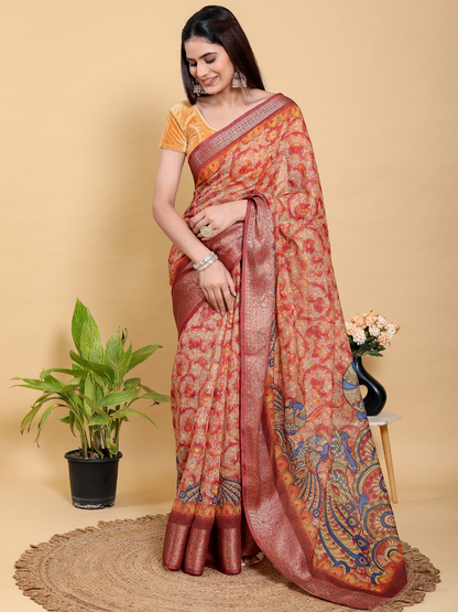 Rajwada Rust Red Cotton Printed Saree For Women