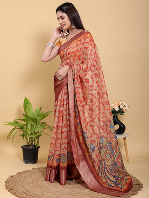 Rajwada Rust Red Cotton Printed Saree For Women