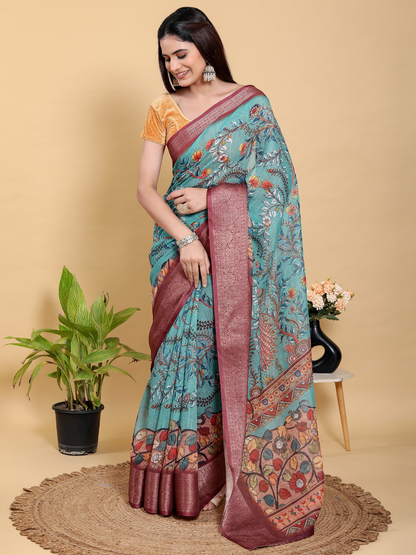 Rajwada Blue Cotton Printed Saree For Women
