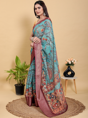 Rajwada Blue Cotton Printed Saree For Women