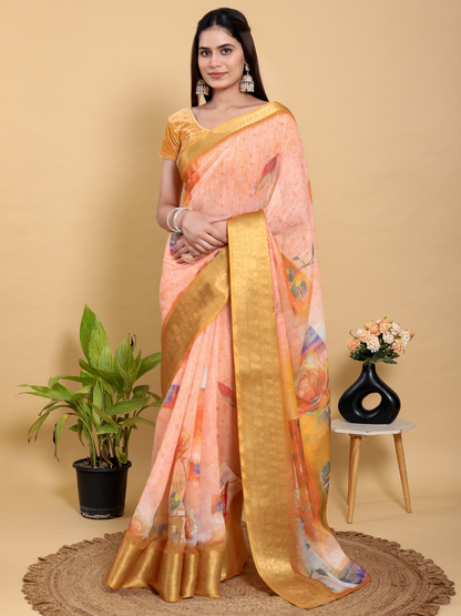 Rajwada Peach Cotton Printed Saree For Women