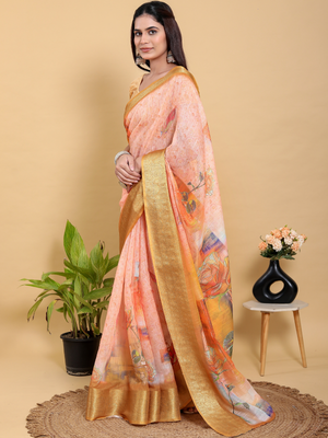 Rajwada Peach Cotton Printed Saree For Women